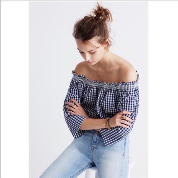 Madewell Tops - Madewell  Gingham Smocked Off the Shoulder Top